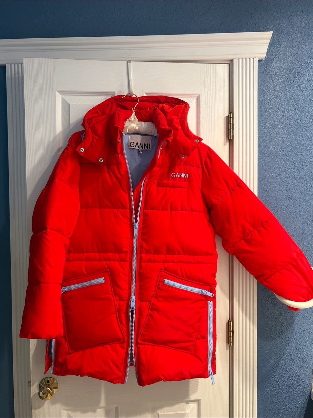 Ganni Red Quilted Hooded Puffer Coat